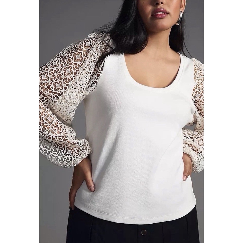 Anthropologie Maeve Lace Sleeve Top Womens 2X Off White Crochet Classic Career